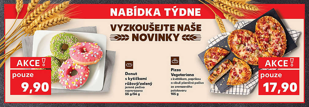 Nabídka týdne - pečivo: Donut s kytičkami růžový/zelený jemné pečivo rozmrazeno 55 g/ 56 g v akci pouze za 9,90 Kč a Pizza Vegetariana s květákem, paprikou a cibulí pšeničné pečivo ze zmrazeného polotovaru 105 g v akci pouze za 19,90 Kč
