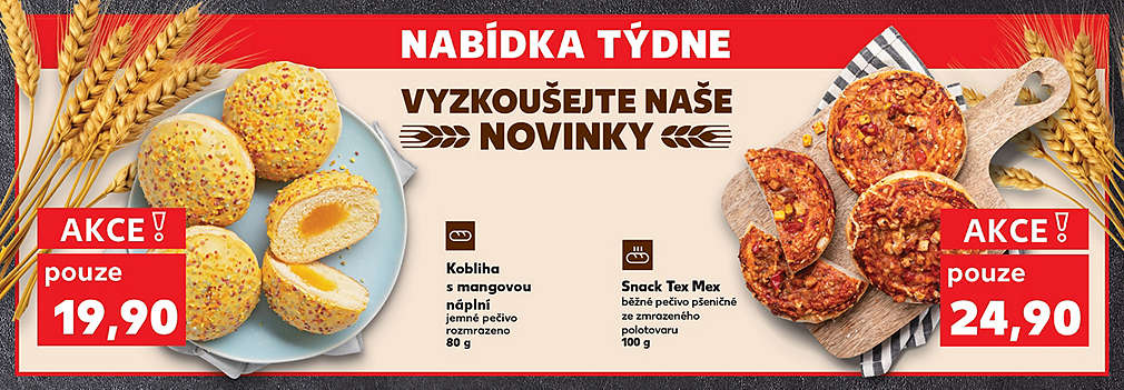 Nabídka týdne - pečivo: Kobliha s mangovou náplní jemné pečivo rozmrazeno 80 g v akci pouze za 19,90 Kč a Snack Tex Mex běžné pečivo pšeničné ze zmrazeného polotovaru 100 g v akci pouze za 24,90 Kč