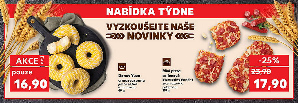 Nabídka týdne - pečivo: Donut Yuzu a mascarpone jemné pečivo rozmrazeno 69 g v akci pouze za 16,90 Kč a Mini Toscania různé druhy běžné pečivo pšeničné ze zmrazeného polotovaru 100 g se slevou -25 % za 17,90 Kč