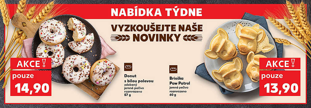 Nabídka týdne - pečivo: Donut s bílou polevou zdobený jemné pečivo rozmrazeno 57 g v akci pouze za 14,90 Kč a Brioška Paw Patrol jemné pečivo rozmrazeno 60 g v akci pouze za 13,90 Kč
