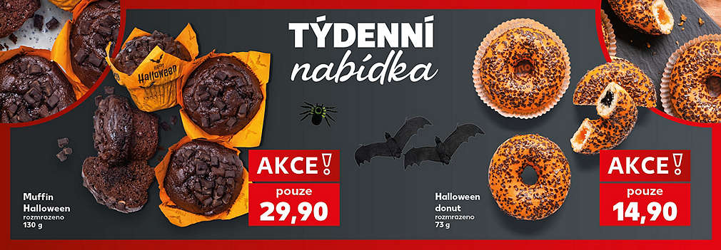 Nabídka týdne - pečivo: Muffin halloween, rozmrazeno v akci pouze za 29,90 Kč a Halloween donut, rozmrazeno v akci pouze za 14,90 Kč