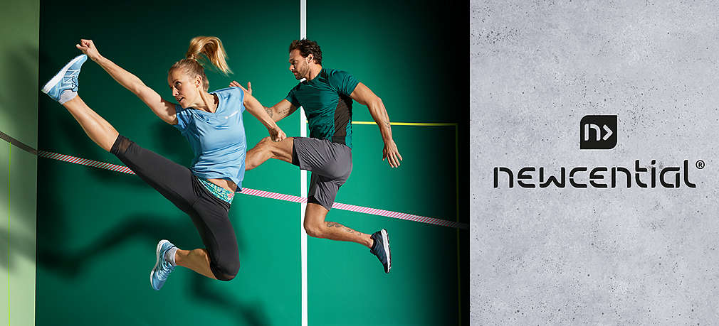 Mann und Fraum beim Springen; Logo: Newcential®