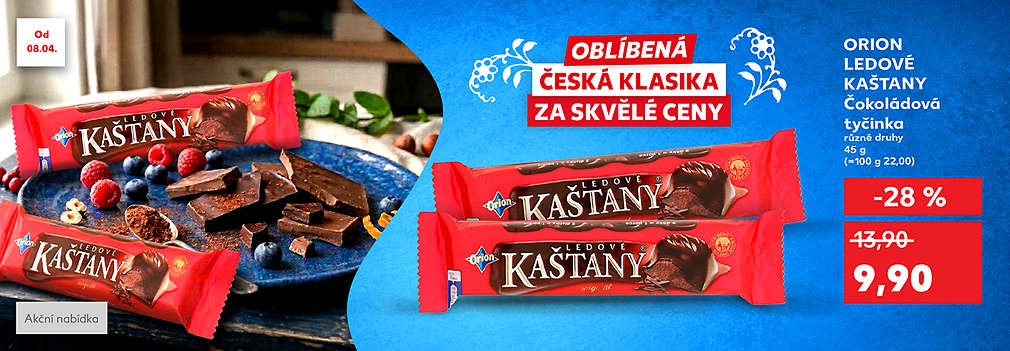 Oblíbená česká klasika za skvělé ceny: Orion Ledové kaštany Čokoládová tyčinka různé druhy 45 g se slevou -28 % za 9,90 Kč