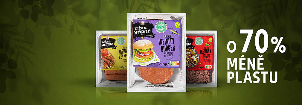 Tři výrobky K-take it veggie s obaly se sníženým obsahem plastů