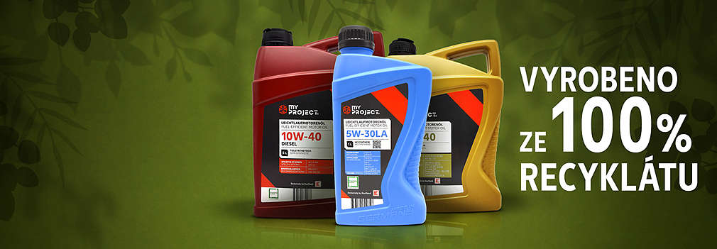 Tři druhy motorového oleje MyProject, jejichž obaly jsou vyrobeny ze 100% recyklátu