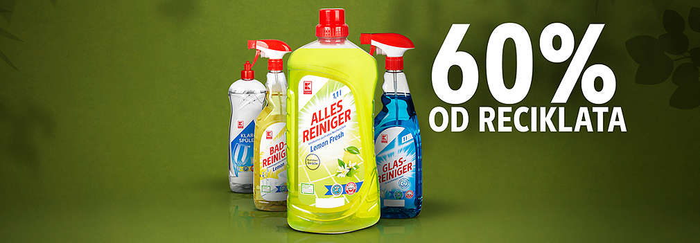 Vier verschiedene K-Classic Putz- und Reinigungsartikel, deren Verpackung aus 60% Rezyklat besteht