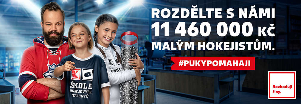 hokejista Gudas s maldým hokejistou a hokejistkou a text: Rozdělte s námi 11 460 000 Kč malým hokejistům. Začínáme 25. 9.