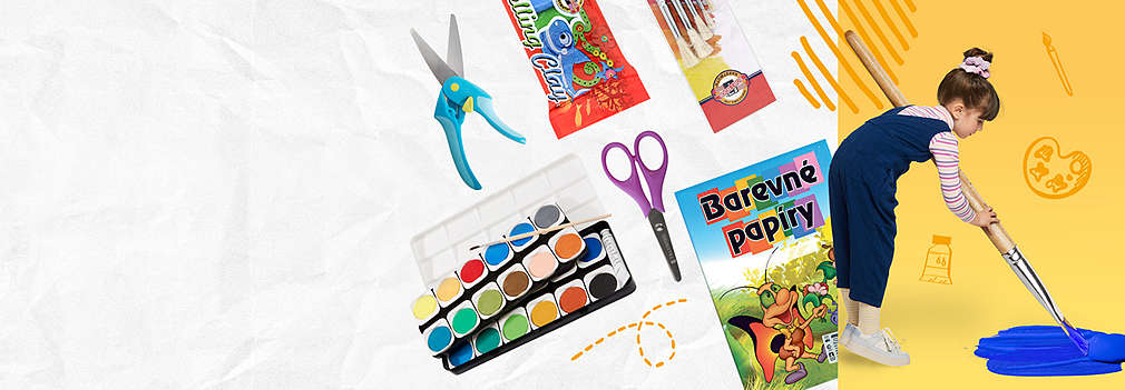 Dívka maluje obřím štětcem, kolem ní jsou zobrazeny různé předměty sortimentu.