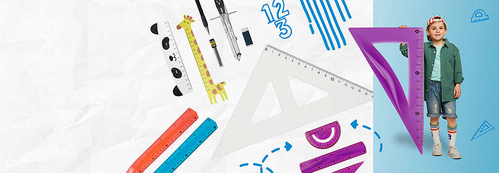 Školák s nadměrným trojúhelníkem v ruce, kolem něhož jsou zobrazeny různé předměty sortimentu.
