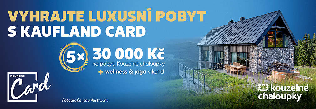 krásná kamenná chaloupka v kopci s výřivkou a text: Vyhrajte lucusní pobyt s Kaufland Card, 5x 30 000 Kč na pobyt: Kouzelné chaloupky