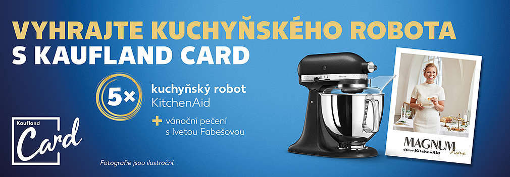 černý kuchyňský robot KitchenAid Artisan, fotka Ivety Fabešové s cukrovím a text: Vyhrajte kuchyňského robota s Kaufland Card + vánoční pečení s Ivetou Fabešovou