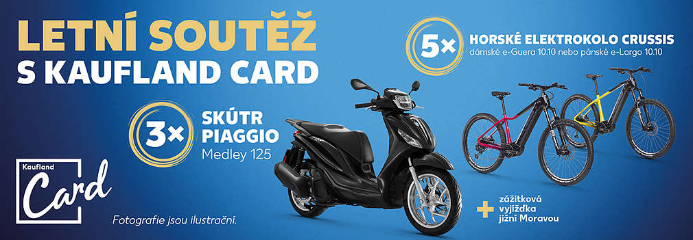 letní soutěž s Kaufland Card: 3x skútr Piaggio a 5x horské elektrokolo Crussis