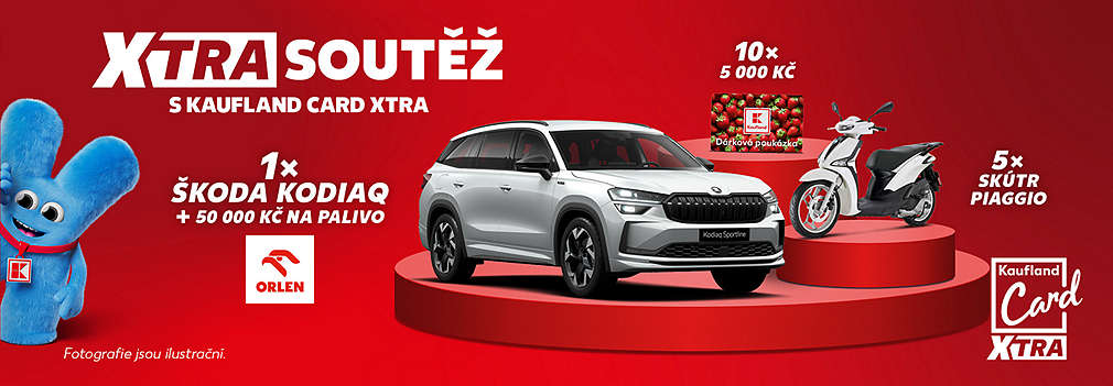 modrá Xara, auto, skútr, a text: soutěž Kaufland Card XTRA o auto Škoda Kodiaq, 5 skútrů Piaggio a dárkové poukázky do Kauflandu