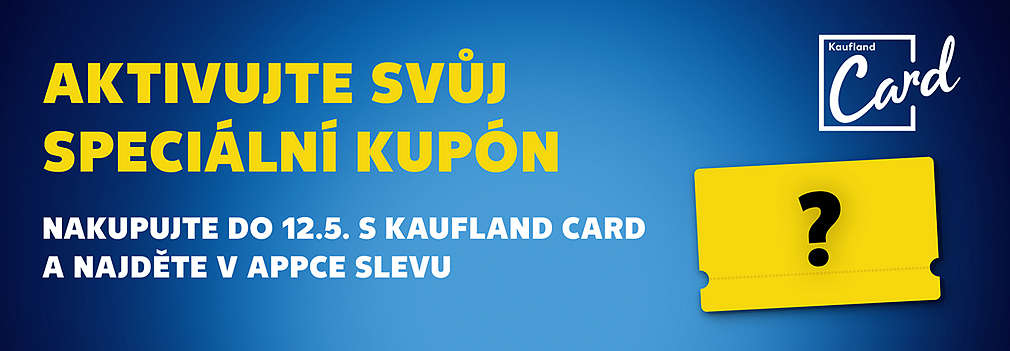 žlutý kupón s otazníkem - Aktivujte si speciální kupón, nakupujte do 12. 5. s Kaufland card a najděte v appce slevu