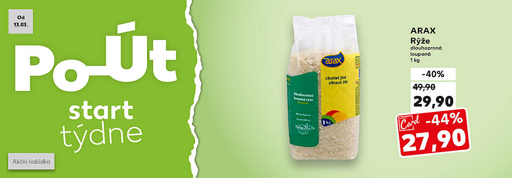 Start týdne: Arax Dlouhozrnná loupaná rýže 1 Kg se slevou s Kaufland Card -44 % za 27,90 Kč