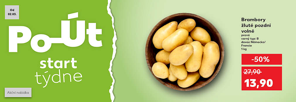 Start týdne: brambory žluté pozdní 1kg sleva -50 % za 13,90 Kč