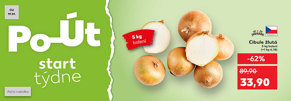 Start týdne: K-Jarmark  Cibule žlutá 5 kg balení se slevou -62 % za 33,90 Kč