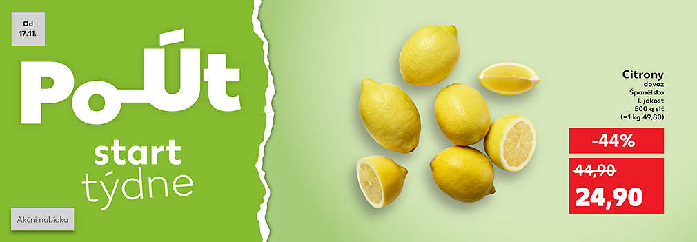 Start týdne: Citrony dovoz Španělsko I. jakost 500 g síť se slevou -44 % za 24,90 Kč