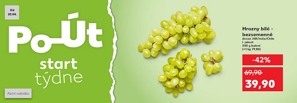 Start týdne: Hrozny bílé bezsemenné se slevou -42 % za 39,90 Kč
