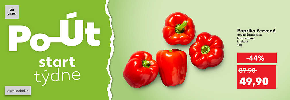 Start týdne: Paprika cervená dovoz Španělsko/Nizozemsko I. jakost 1 kg se slevou -44 % ZA 49,90 Kč