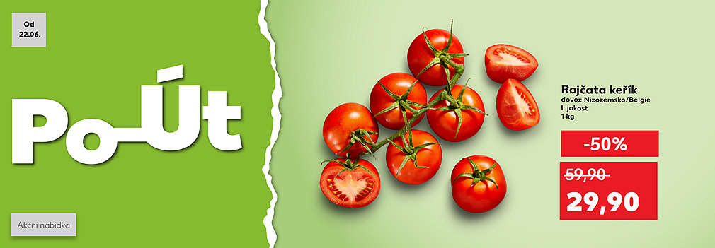 Start týdne: Rajčata keřík dovoz Nizozemsko/Belgie I. jakost 1 kg se slevou -50 % za 29,90 Kč