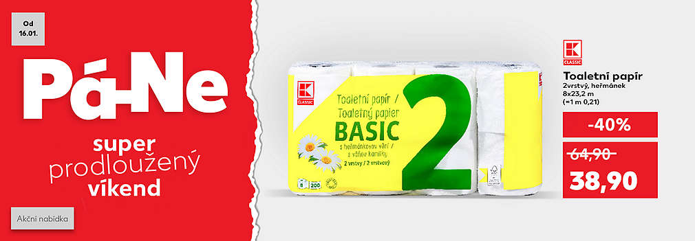 Super prodloužený víkend: Toaletní papír dvouvrství K-Classic se slevou -40 % za 38,90 Kč