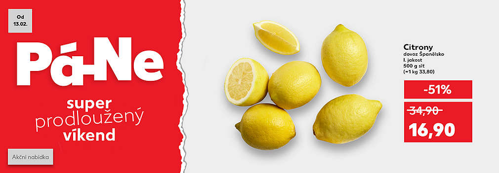 Super prodloužený víkend: Citrony dovoz Španělsko I. jakost 500 g síť se slevou -51 % za 16,90 Kč