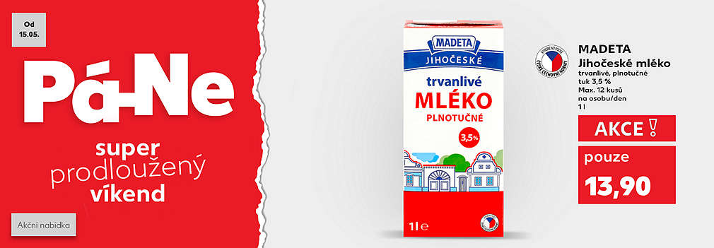 Super prodloužený víkend: Madeta Jihočeské mléko trvanlivé, plnotučné tuk 3,5 % 1 l v akci pouze za 13,90 Kč