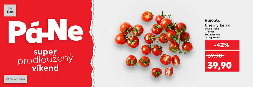Super prodloužený víkend: Rajčata Cherry keřík dovoz Itálie I. jakost 500 g balení se slevou -42 % za 39,90 Kč