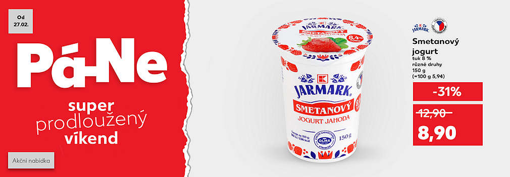 Super prodloužený víkend: K-Jarmark Smetanový jogurt tuk 8 % různé druhy 150 g se slevou -31 % za 8,90 Kč