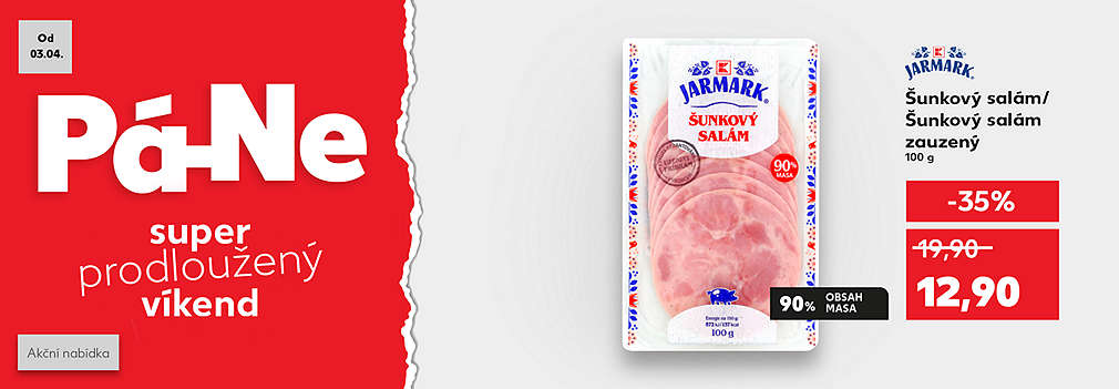 Super prodloužený víkend: K-Jarmark Šunkový salám/Šunkový salám zauzený 100 g obsah masa 90 % se slevou -35 % za 12,90 Kč