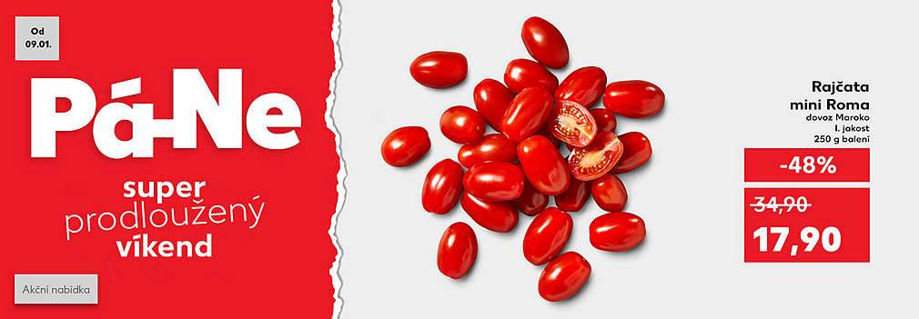 Nabídka super prodloužený víkend (pá-ne): Rajčata mini Roma dovoz Maroko se slevou -48 % za 17,90 Kč