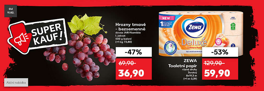 Superkauf: Hrozny tmavé – bezsemenné dovoz JAR/Namibie I. jakost 500 g balení se slevou -47 % za 36,90 Kč a Zewa Toaletní papír různé druhy 3vrstvý 8x19,3 m se slevou -53 % za 59,90 Kč 