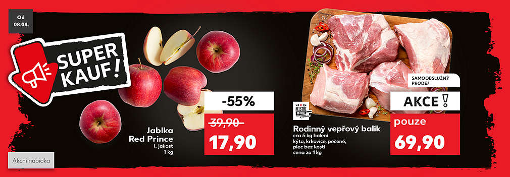Superkauf: Jablka Red Prince I. jakost 1 kg se slevou -55 % za 19,90 Kč a K-Mistři od fochu Rodinný vepřový balík cca 5 kg balení kýta, krkovice, pečeně, plec bez kosti (cena za 1 kg) v akci pouze za 69,90 Kč