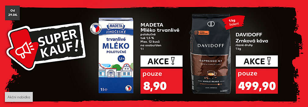 Superkauf akční nabídka: Mléko polotučné v akci pouze za 8,90 Kč a káva Davidoff 1 kg v akci pouze za 499,90 Kč