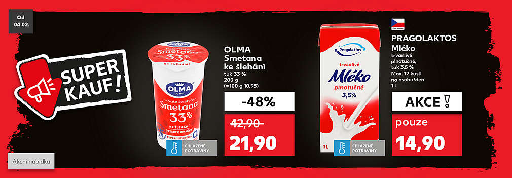 Superkauf: Pragolaktos Mléko trvanlivé plnotučné, tuk 3,5 % 1 l se slevou -48 % za 21,90 Kč a Olma smetana ke šleháni tuk 33 % 200 g v akci pouze za 14,90 Kč