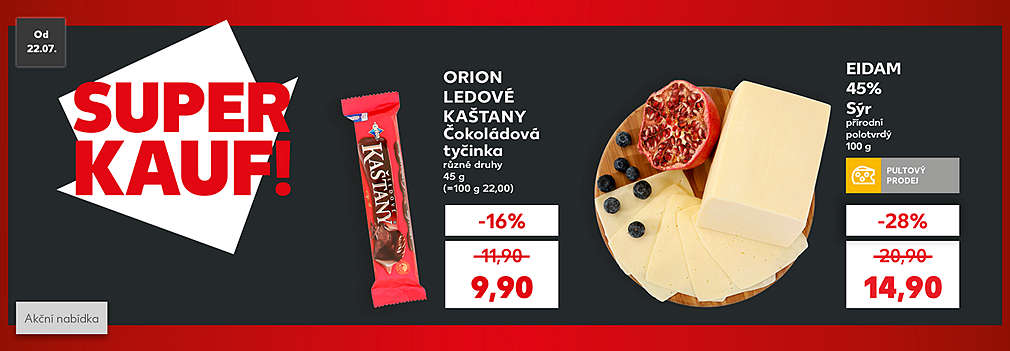 Superkauf nabídka: Eidam polotvrdý sýr 45% a Orion Ledové kaštany 45g 