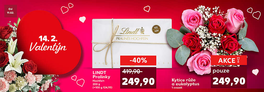 Valentýn: Lindt Pralinky Hochfein 200 g se slevou -40 % za 249,90 Kč a Kytice růže a eukalyptus 1 svazek v akci pouze za 249,90 Kč