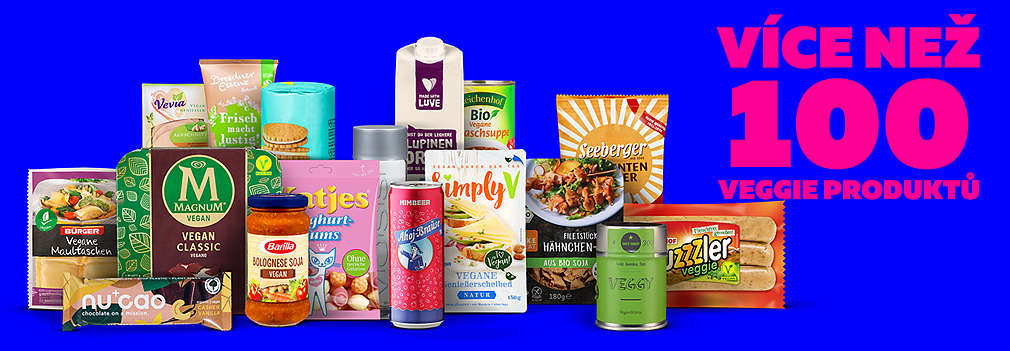 Produktová koláž vegetariánských a veganských značkových produktů