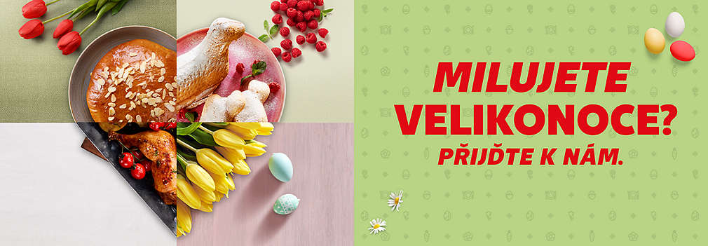 srdíčko, beránek, tulipány, pečeně a text: Milujete Velikonoce? Přijďte k nám.