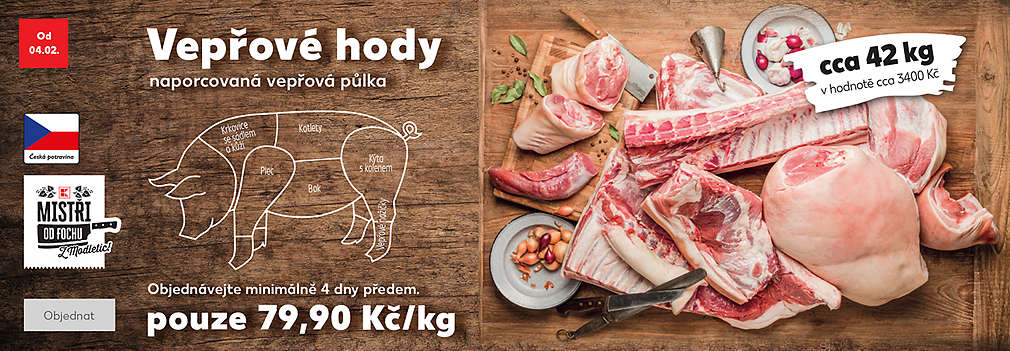 Vepřové hody - naporcovaná vepřová půlka cca 42 kg pouze za 79,90 Kč/kg