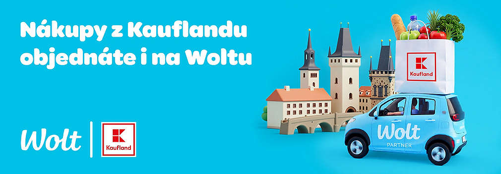 Nákupy z Kauflandu objednáte i na Woltu: autíčko Wolt a ilustrace města