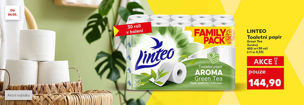 Den matek: Linteo Toaletní papír Green Tea 3vrstvý 450 m=30 rolí v akci pouze za 144,90 Kč