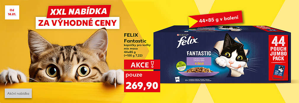 Felix Fantastic kapsičky pro kočky mix masa 44x85 g v akci pouze za 269,90 Kč