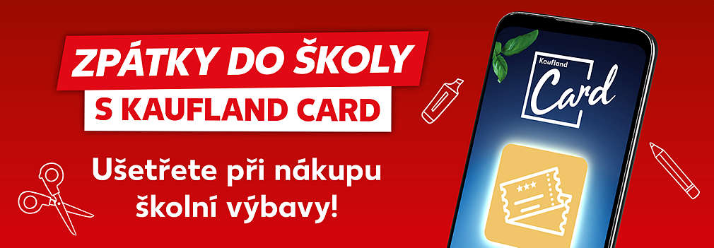 mobilní telefon s modrou Kaufland Card a na pozadí text: Ušetřete při nákupu školní výbavy! Zpátky do školy s Kaufland Card