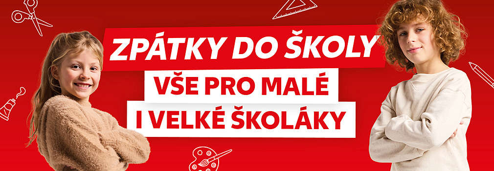školák a školačka, červené pozadí se školními potřebami a text: Zpátky do školy, vše pro malé a velké školáky