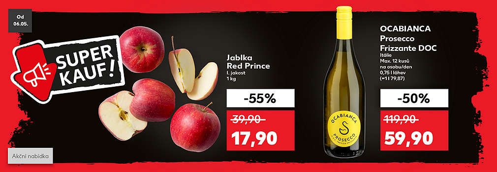 Superkauf akční nabídka: Ocabianca Prosecco Frizzante DOC Itálie 0,75 l láhev se slevou -50 % za 59,90 Kč a Jablka Red Prince I. jakost 1 kg se slevou -55 % za 17,90 Kč