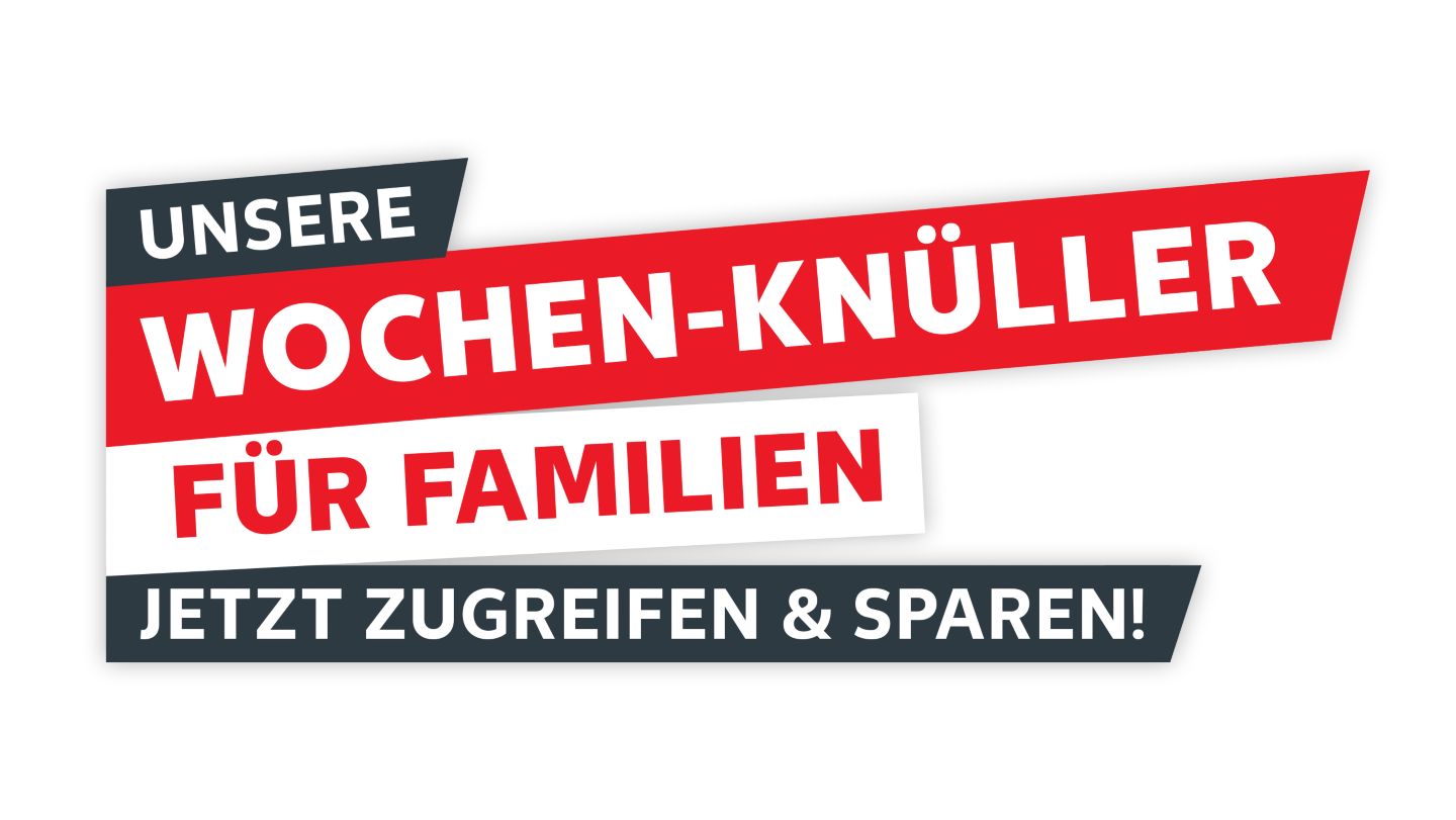 Unsere Wochen-Knüller für den Familien-Einkauf; Jezut zugreifen und sparen!; roter Hintergrund