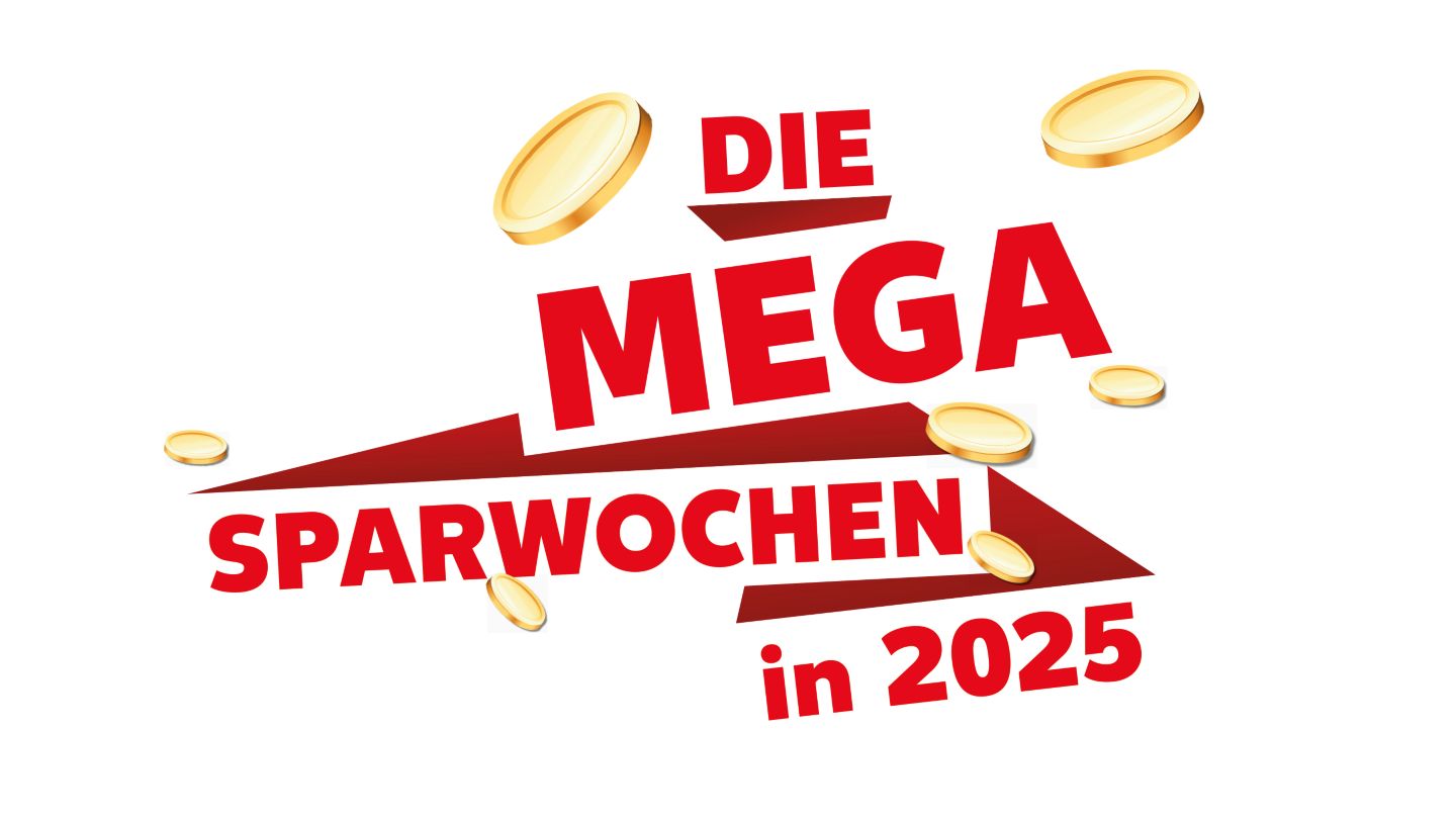 Schriftzug: Die mega Sparwochen in 2025; Hintergrund: gelb