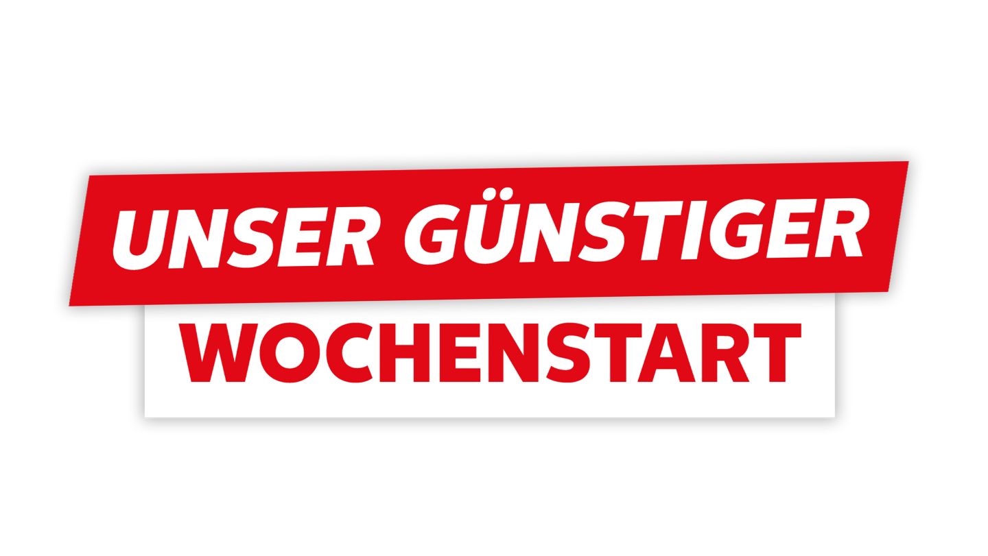 Schriftzug: Unser günstiger Wochenstart; Hintergrund: grün